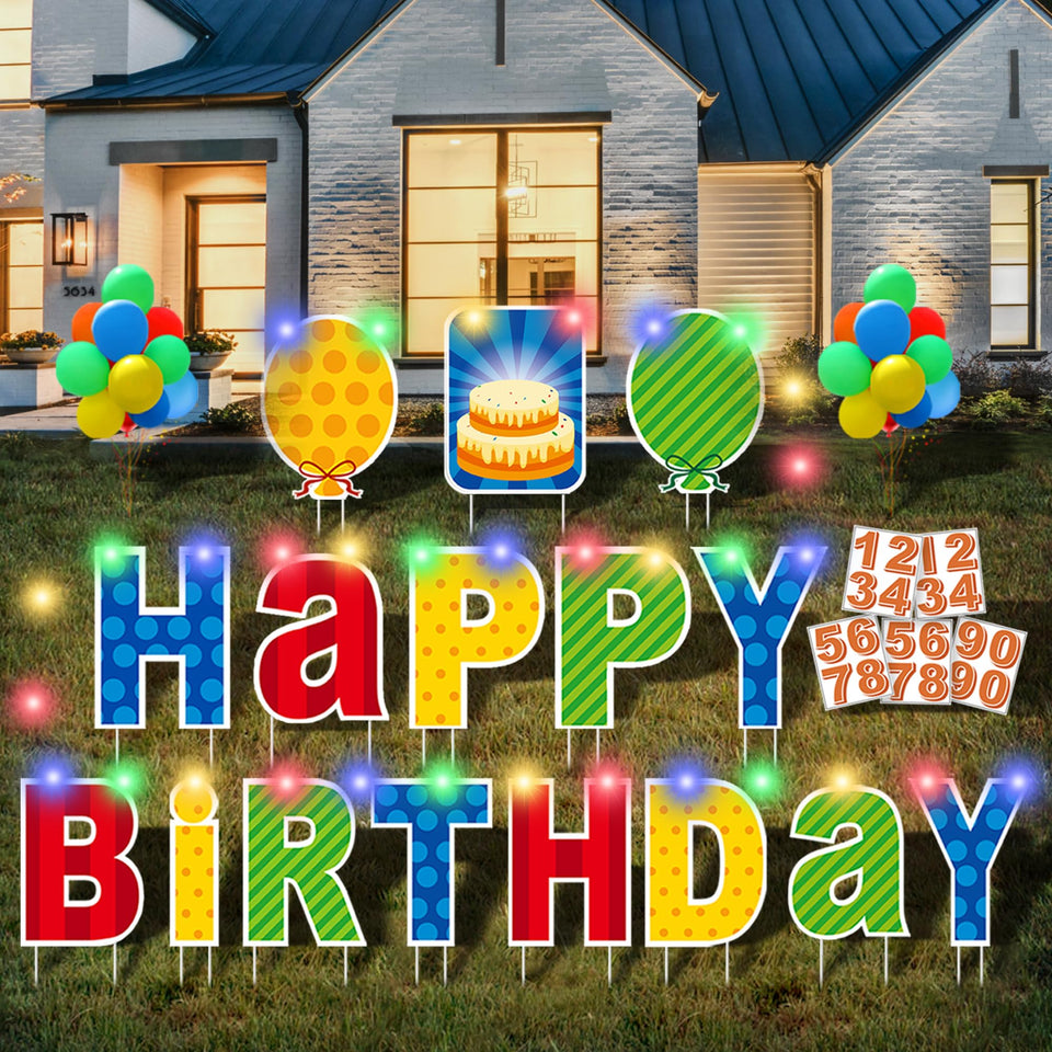 ComboJoy happy birthday yard sign stakes visible in sunlight for outdoor celebrations.