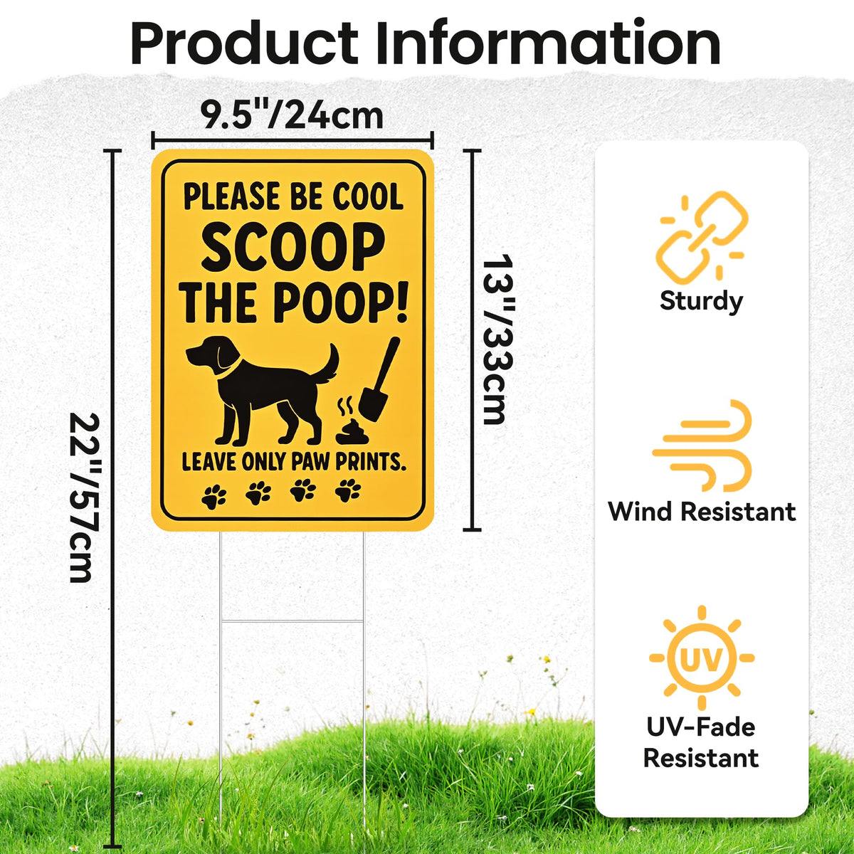 CombJoy No Dog Poop Sign in yard back view showing double sided messaging.