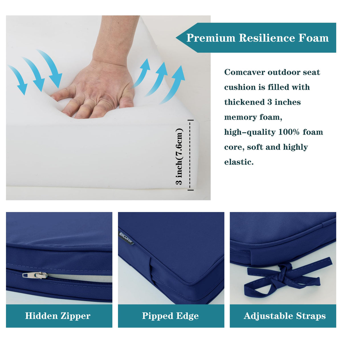 Comcaver memory foam cushion, 3-inch thickness, for ergonomic comfort.