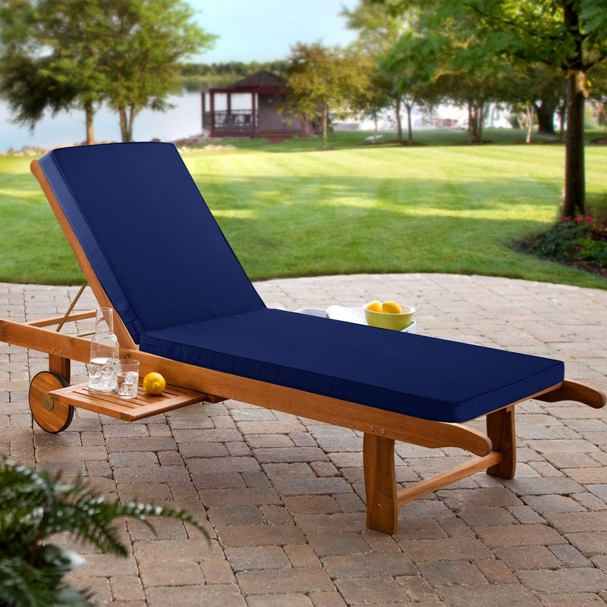 Comcaver navy cushion offers durable, fade-resistant outdoor comfort.