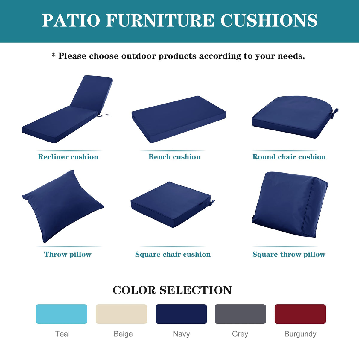Comcaver outdoor cushion suitable for patio, poolside, deck areas.