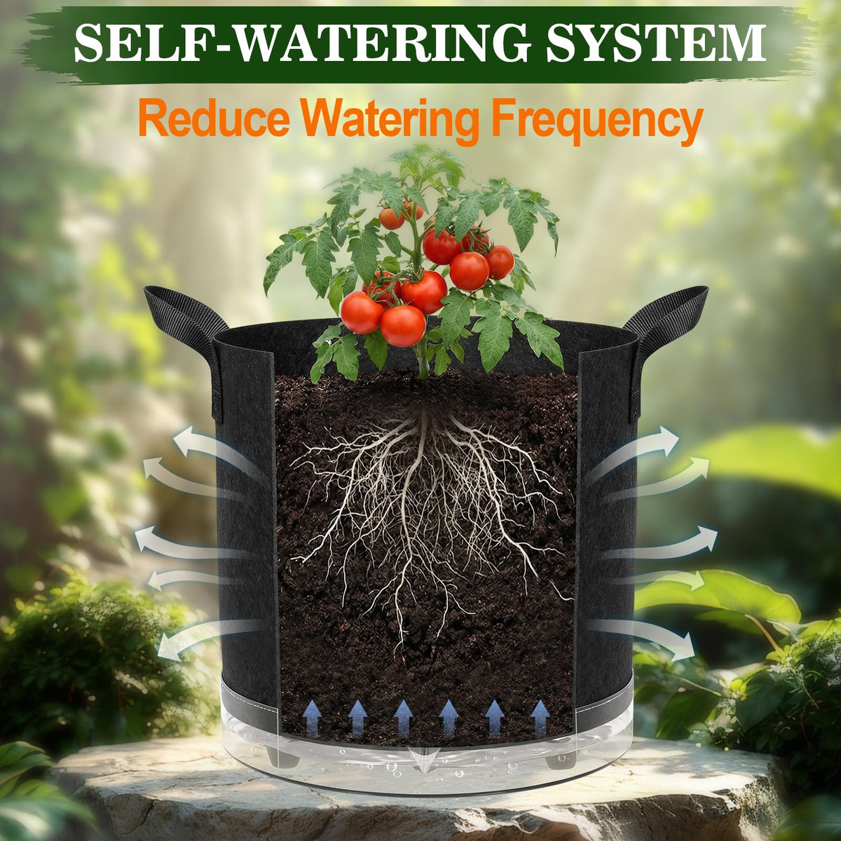 ComfyKit grow bags on patio with thriving container plants