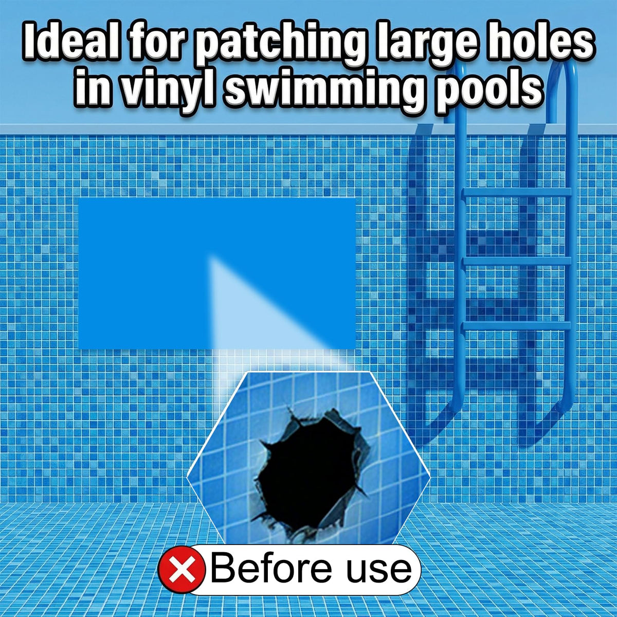 ComfyKit patch applied to a pool liner on a pool wall demonstrating versatility