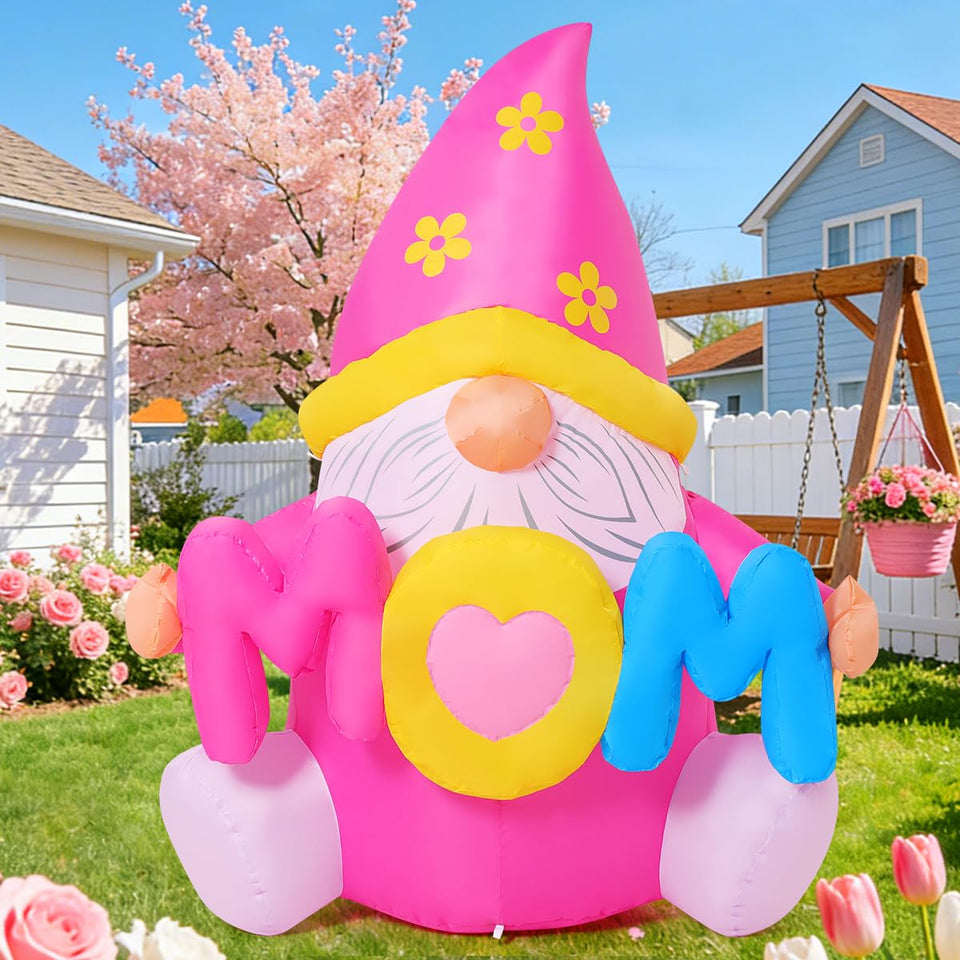 COMIN pink gnomes inflatables with LED lights for outdoor Mother's Day decor.