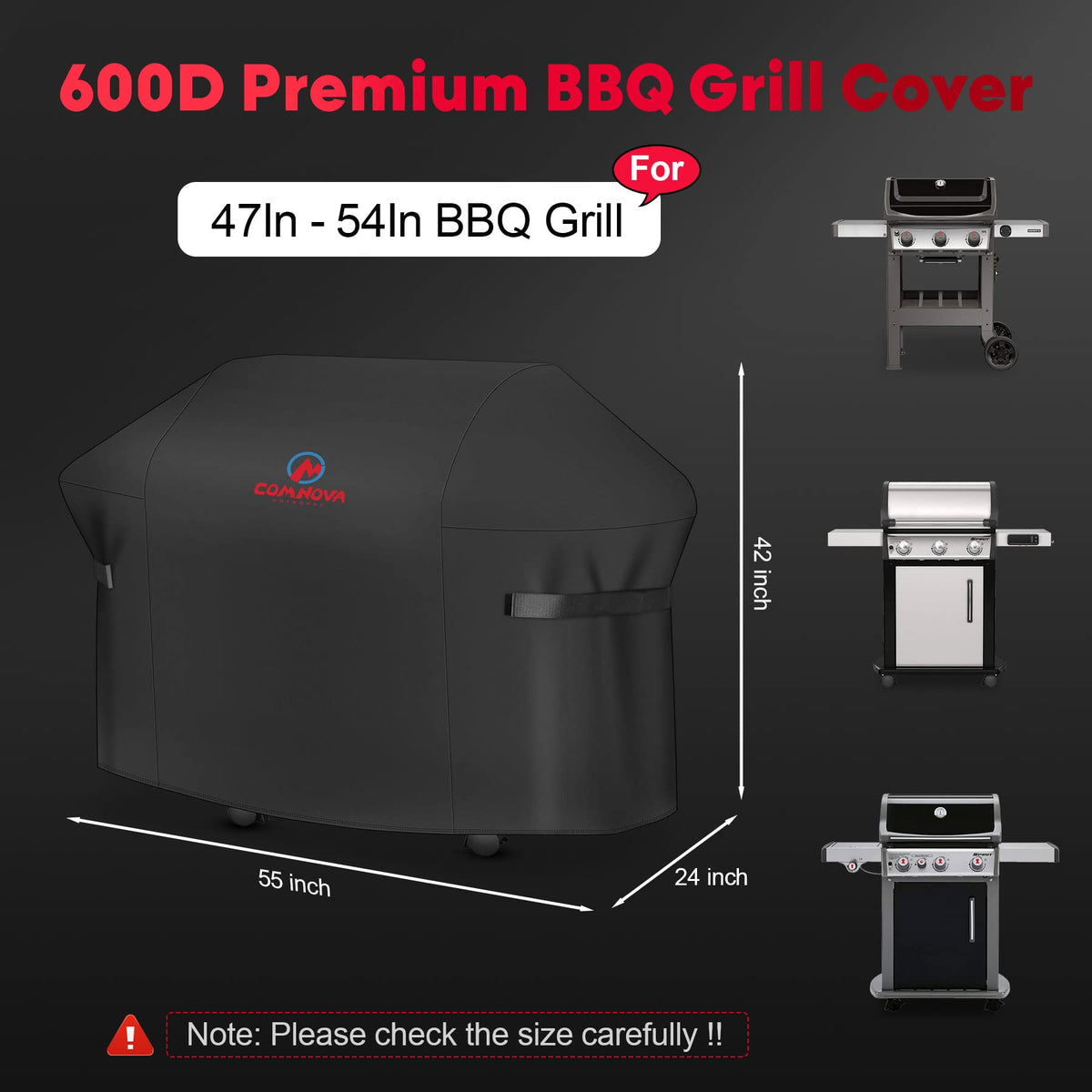 Comnova 55-inch grill cover side view demonstrating full coverage