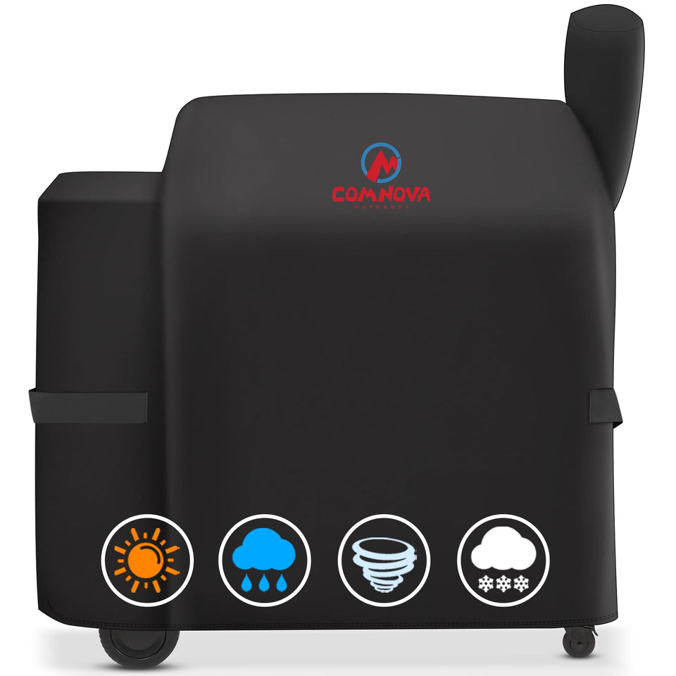 Comnova grill cover on Traeger Pro 34 front view for weather protection