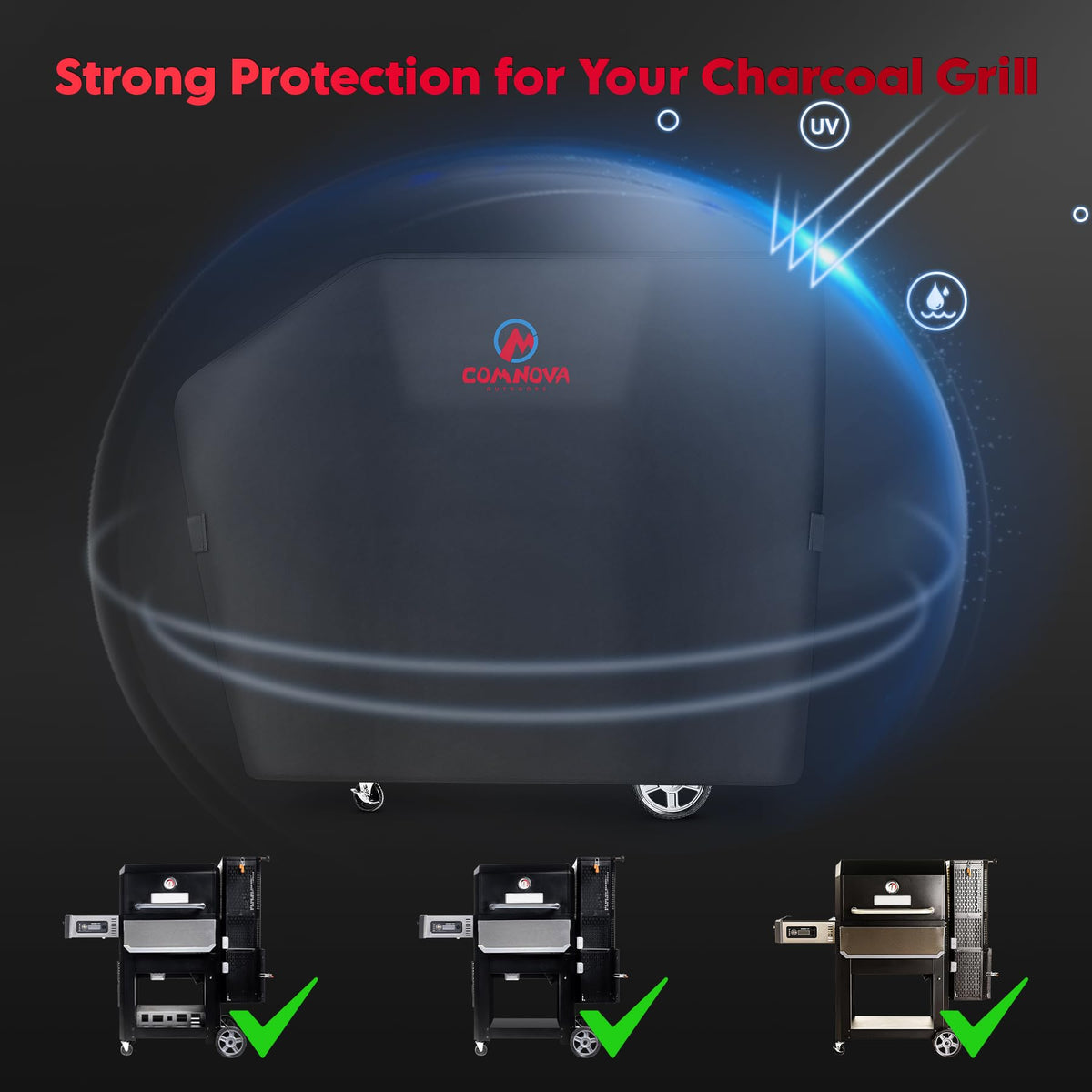 Comnova cover features adjustable Velcro straps for secure fit in wind.
