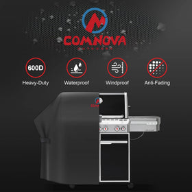Comnova Outdoors adjustable Velcro strap securing a grill cover for a snug fit.