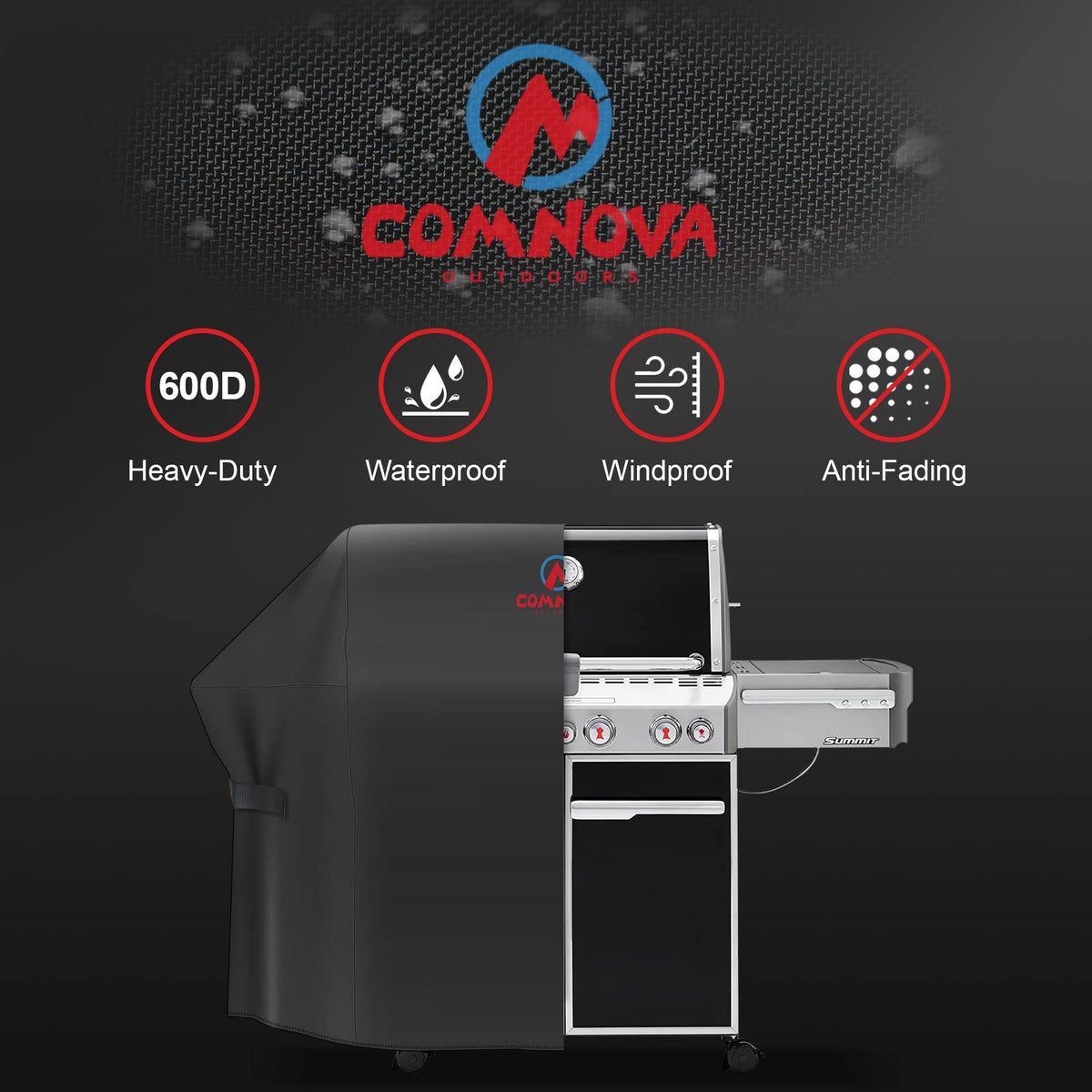 Comnova grill cover on Genesis S-325s grills provides outdoor protection.