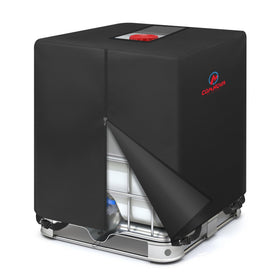 Comnova Outdoors IBC tote cover on a 275 gal tank protecting from rain and sun.
