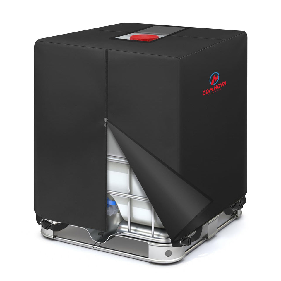 Comnova Outdoors IBC tote cover on a 275 gal tank protecting from rain and sun.
