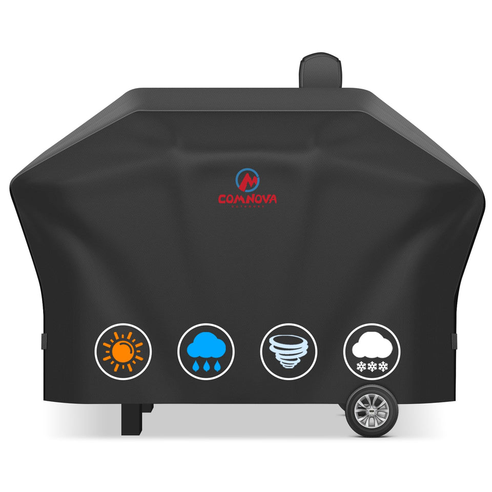 Comnova pellet grill cover for Woodwind 24 shields from rain and sun.