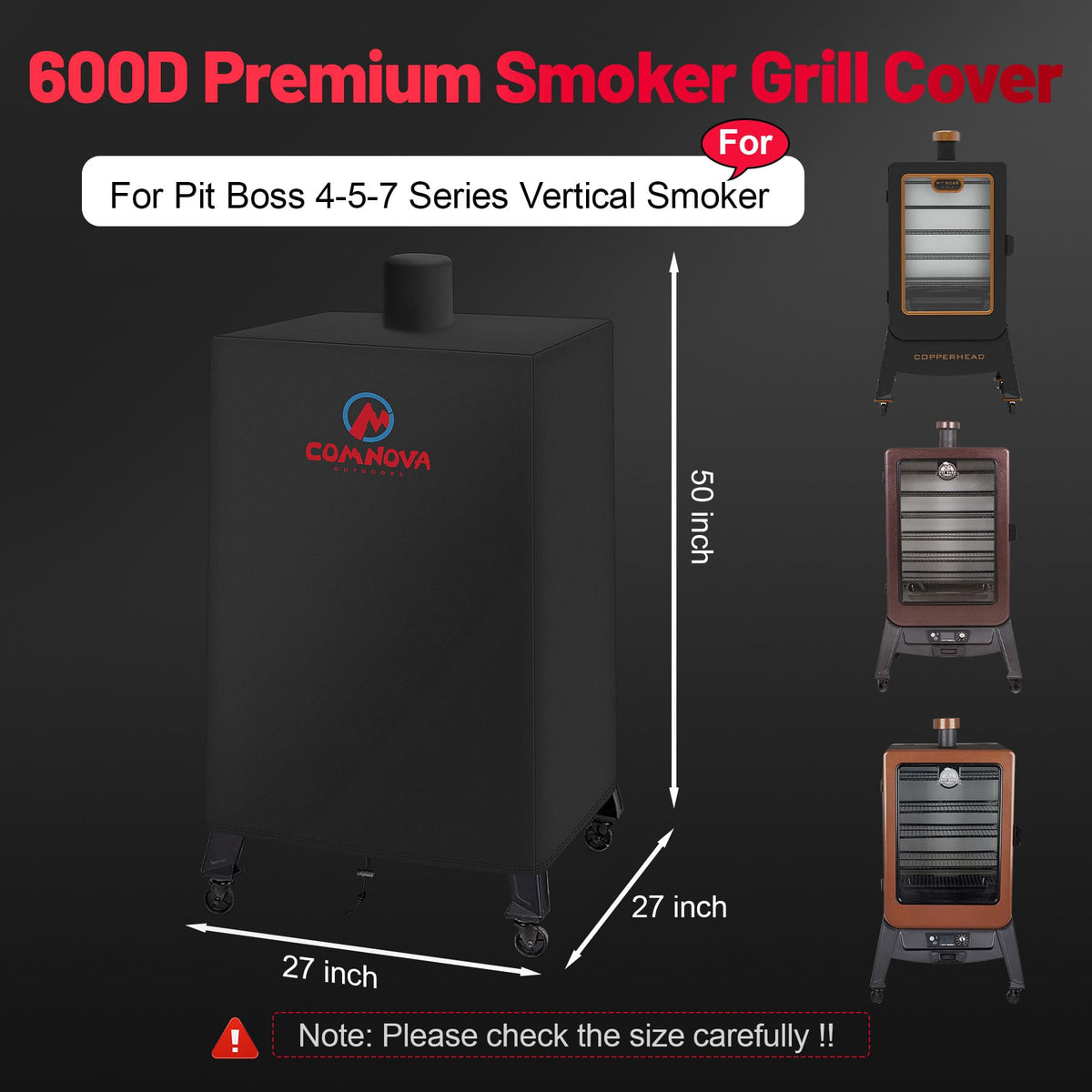 Comnova vertical smoker cover shows 600D oxford fabric for durable outdoor use.