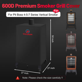 Comnova vertical smoker cover shows 600D oxford fabric for durable outdoor use.
