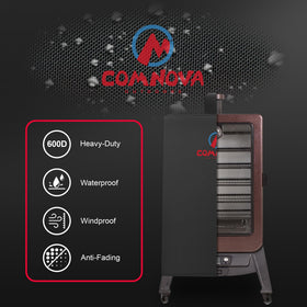 Comnova vertical smoker cover features adjustable Velcro for a snug fit.