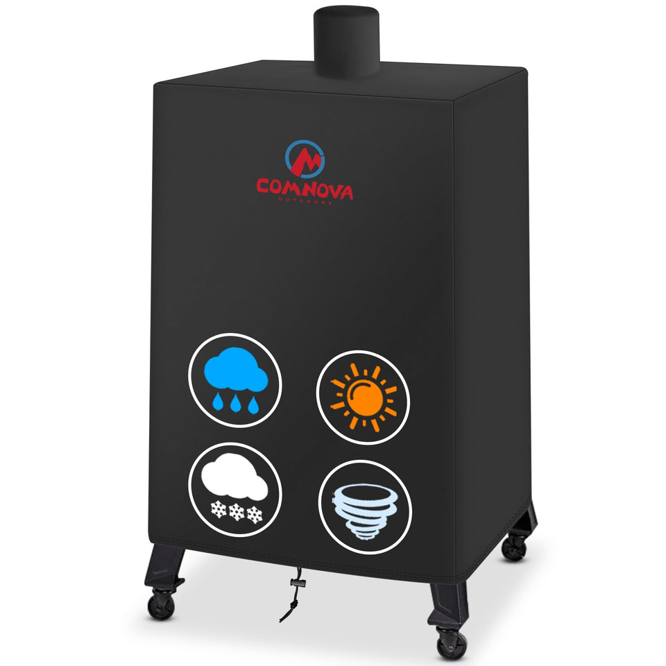 Comnova vertical smoker cover on Pit Boss 73550, protecting against rain and sun.
