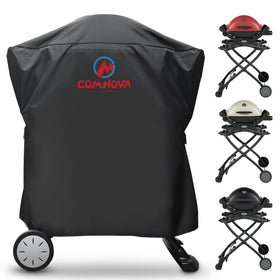 Comnova Weber Q-series grill cover protecting Q100–Q2000 on a portable cart