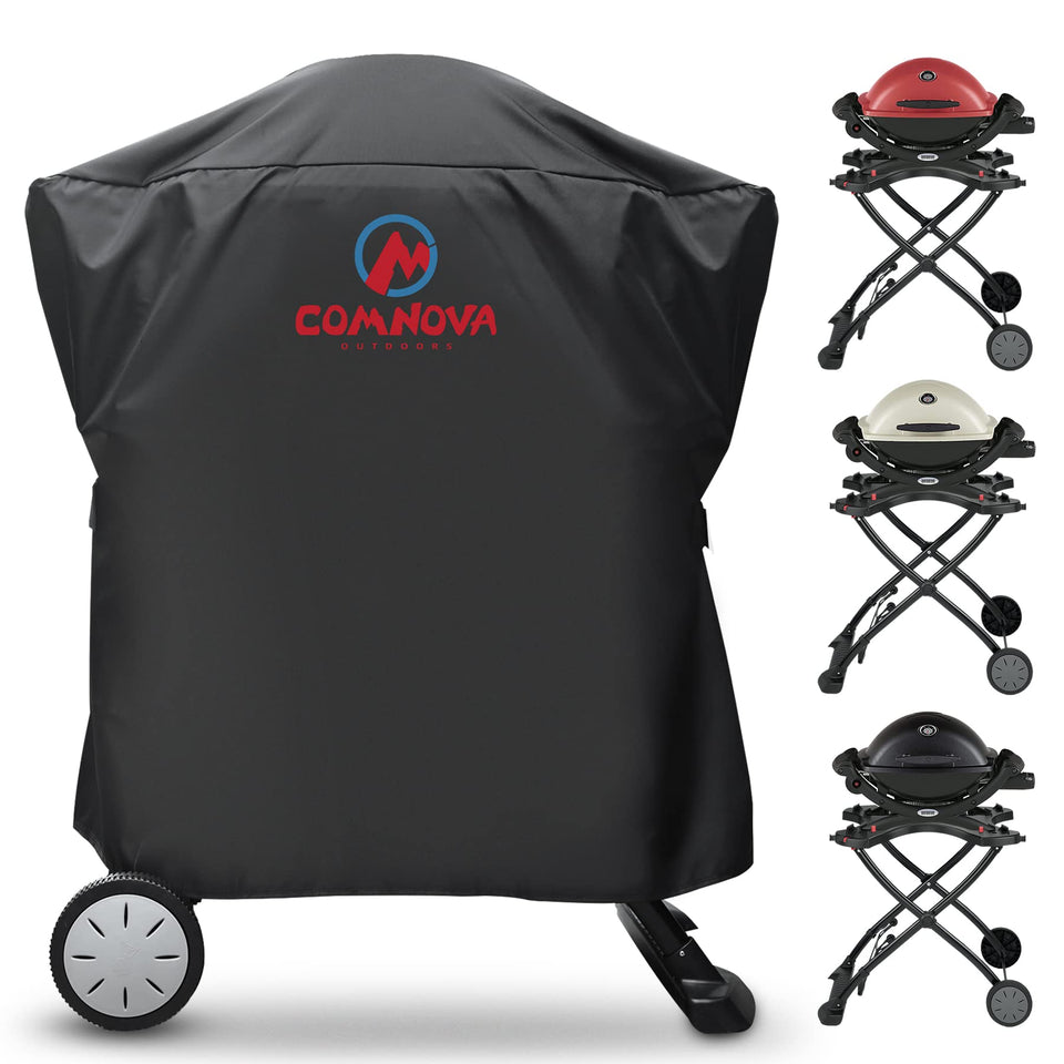 Comnova Weber Q-series grill cover protecting Q100–Q2000 on a portable cart