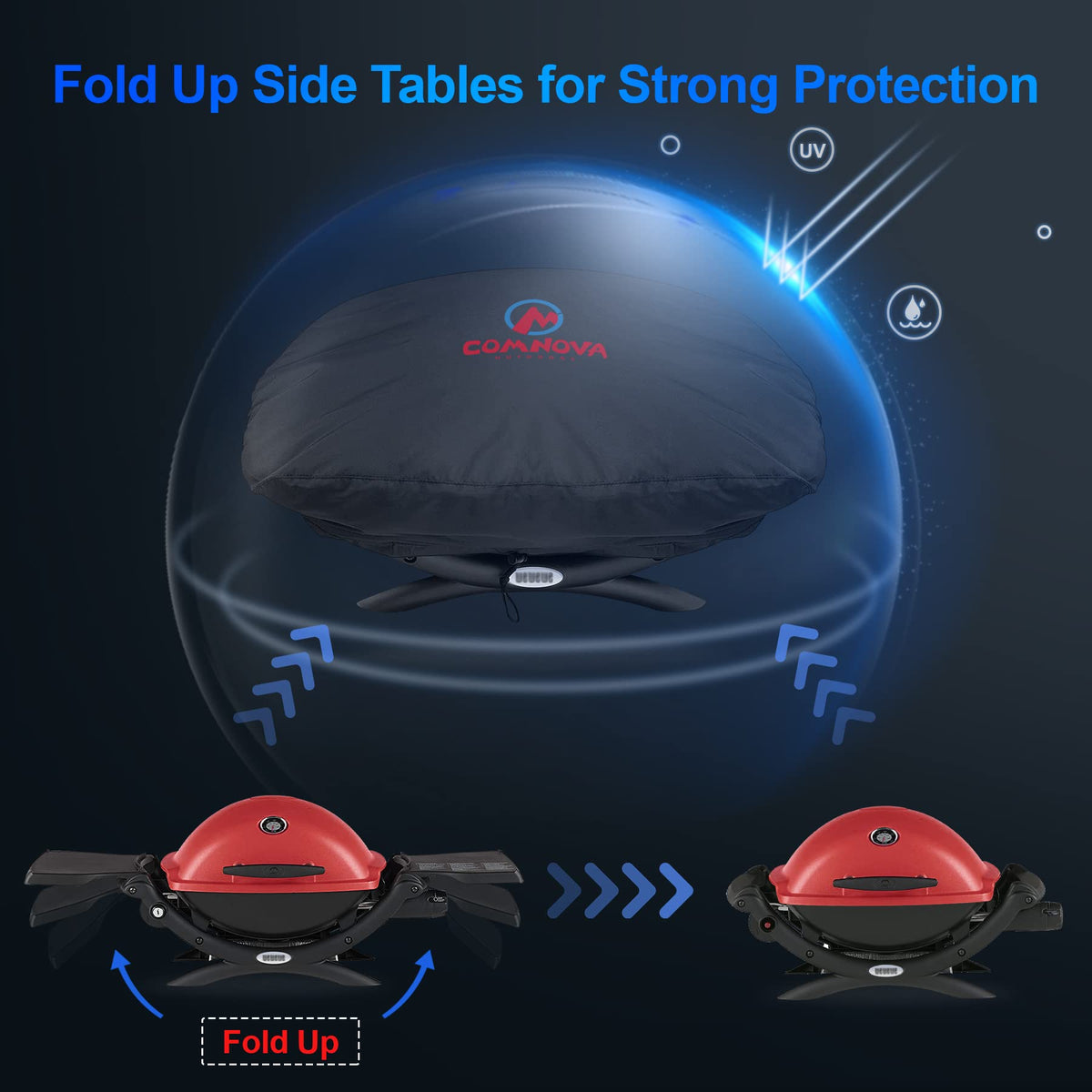 Comnova Weber Q Series cover with folded side tables demonstrates snug fit