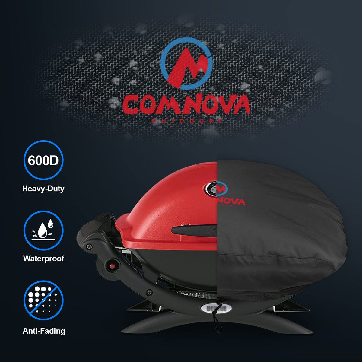 Waterproof fabric close-up on Comnova grill cover resists rain