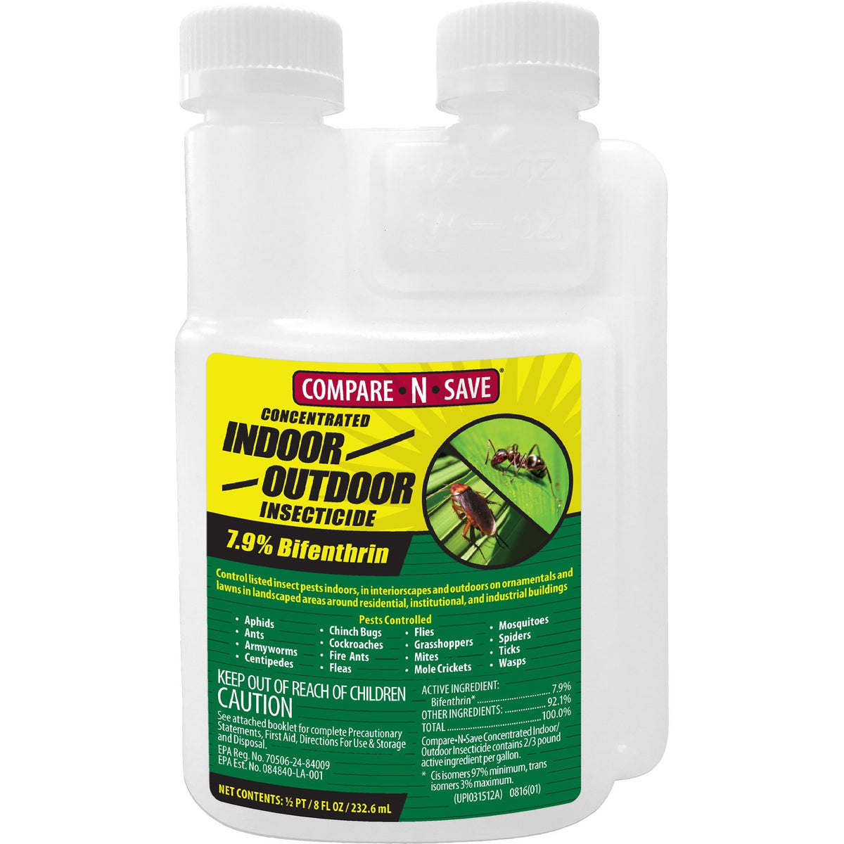 Compare-N-Save bifenthrin concentrate bottle for indoor and outdoor pest control.
