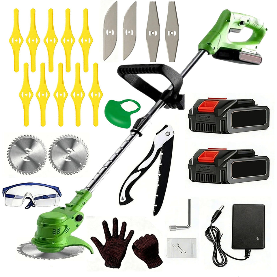 Compou weed wacker with two batteries extends mowing sessions.