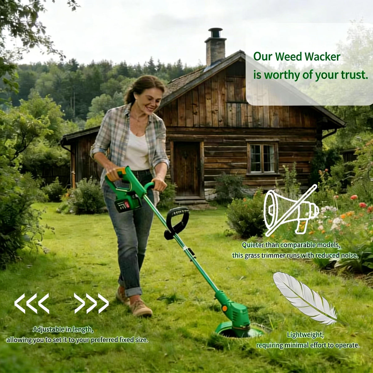 Compou weed wacker telescopic shaft adjusts from 90 to 120 cm.