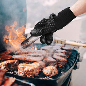 Comsmart BBQ gloves shown with hanging loop for easy drying and storage