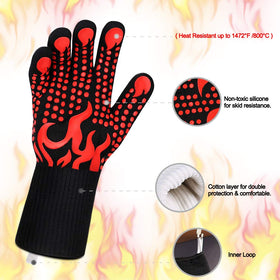 Comsmart BBQ gloves full-length cuff shields forearms while basting.