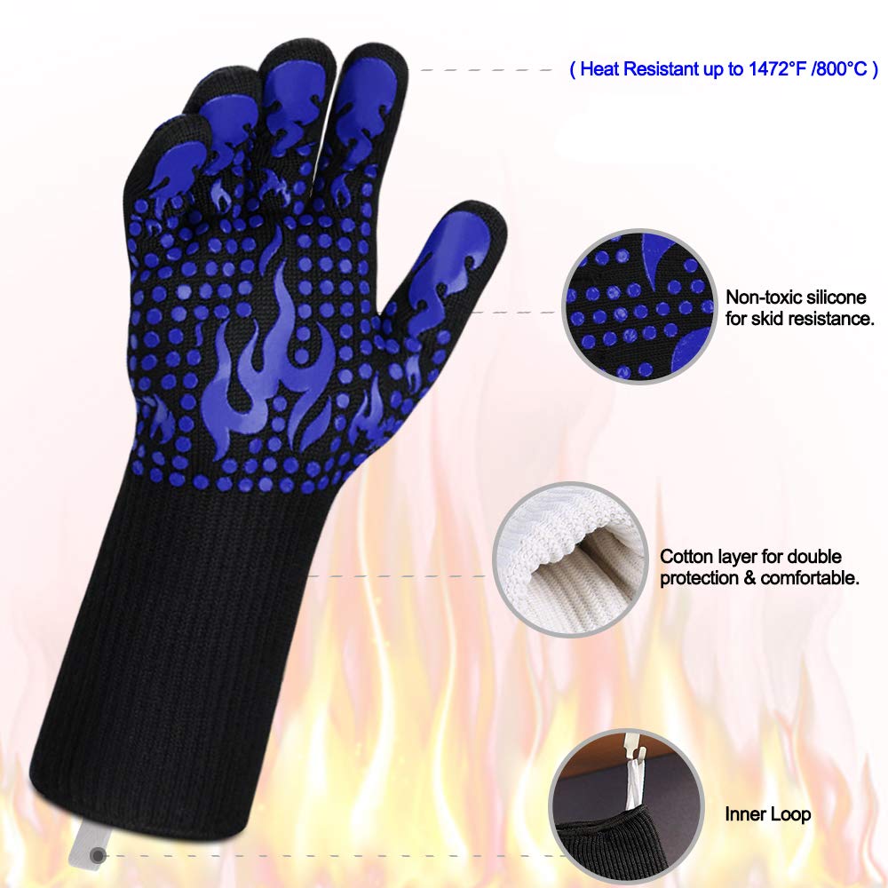 Long cuff design protects forearms during grilling, baking, and boiling.