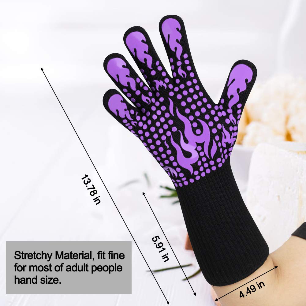 Long cuff design shields wrists during high-heat tasks like searing.