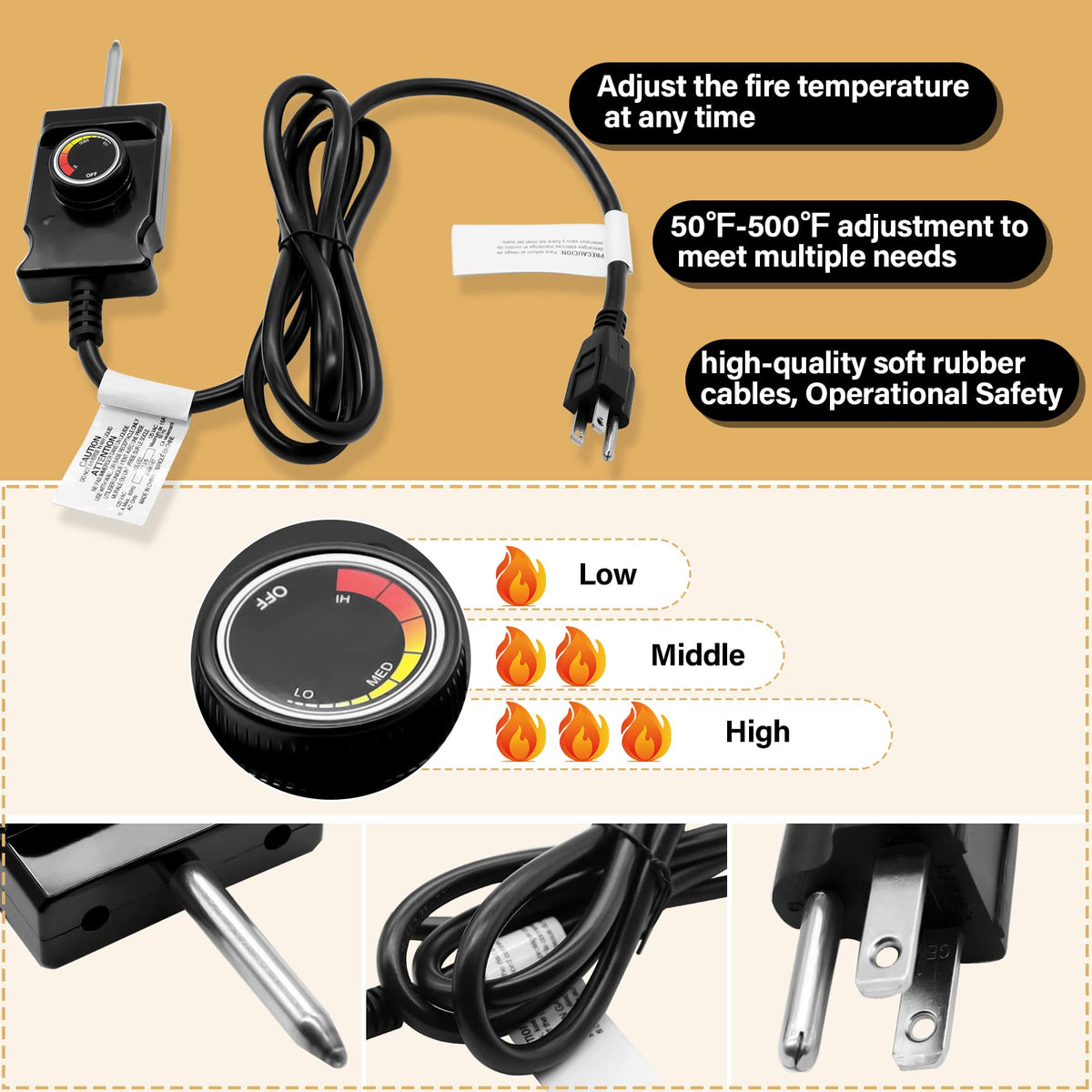 Adjustable thermostat cord controller enables precise heat tuning for recipes.