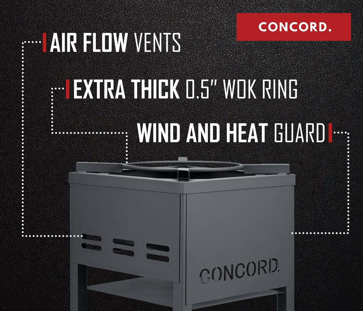 Concord cast-iron burner head emphasizes durability and even heat for reliable outdoor cooking.