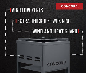 Concord cast-iron burner head emphasizes durability and even heat for reliable outdoor cooking.