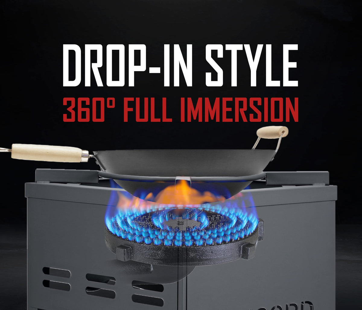 Concord drop-in wok ring burner demonstrates seamless wok insertion for authentic stir-fry.