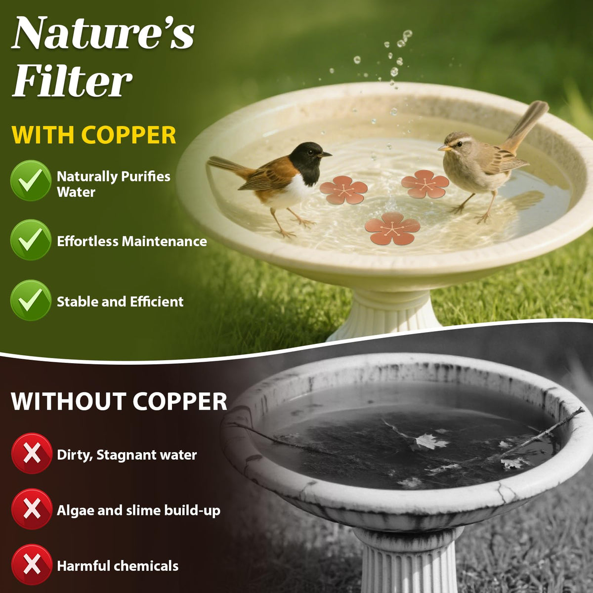 Conderyang copper disk installed in a bird bath demonstrates continuous purification.