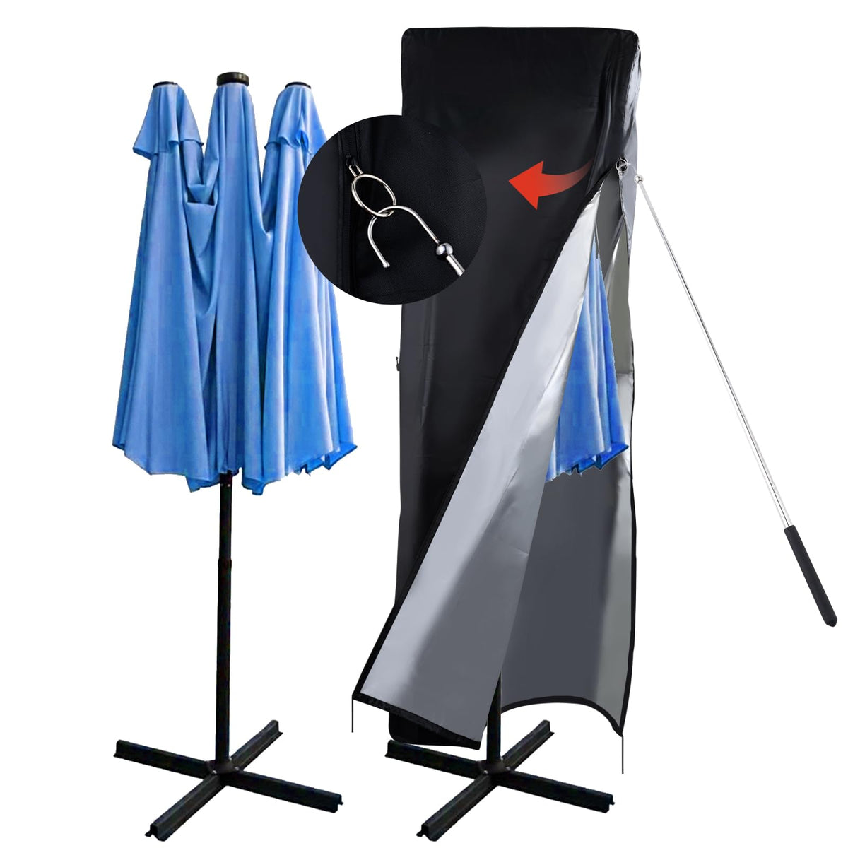 CONFUTURY umbrella cover 420D Oxford fabric shields a large double-sided shade from rain.