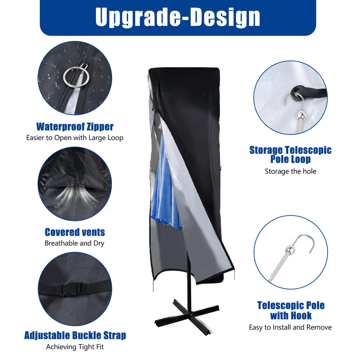 CONFUTURY umbrella cover with buckle and drawstring secures against wind.