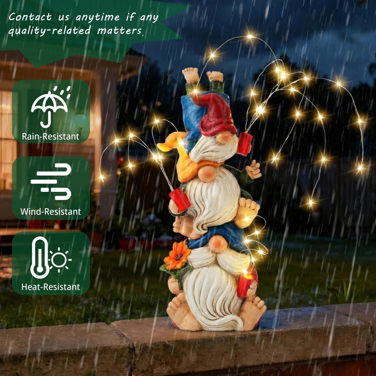 Congliulin Gnomes feature IP44 weatherproof design for year-round use.