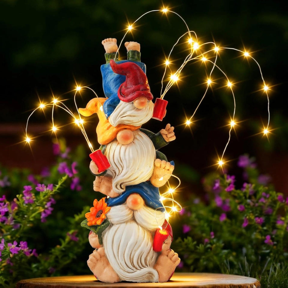 Congliulin Gnomes triple-stack firework lights brighten the yard with warm solar illumination.