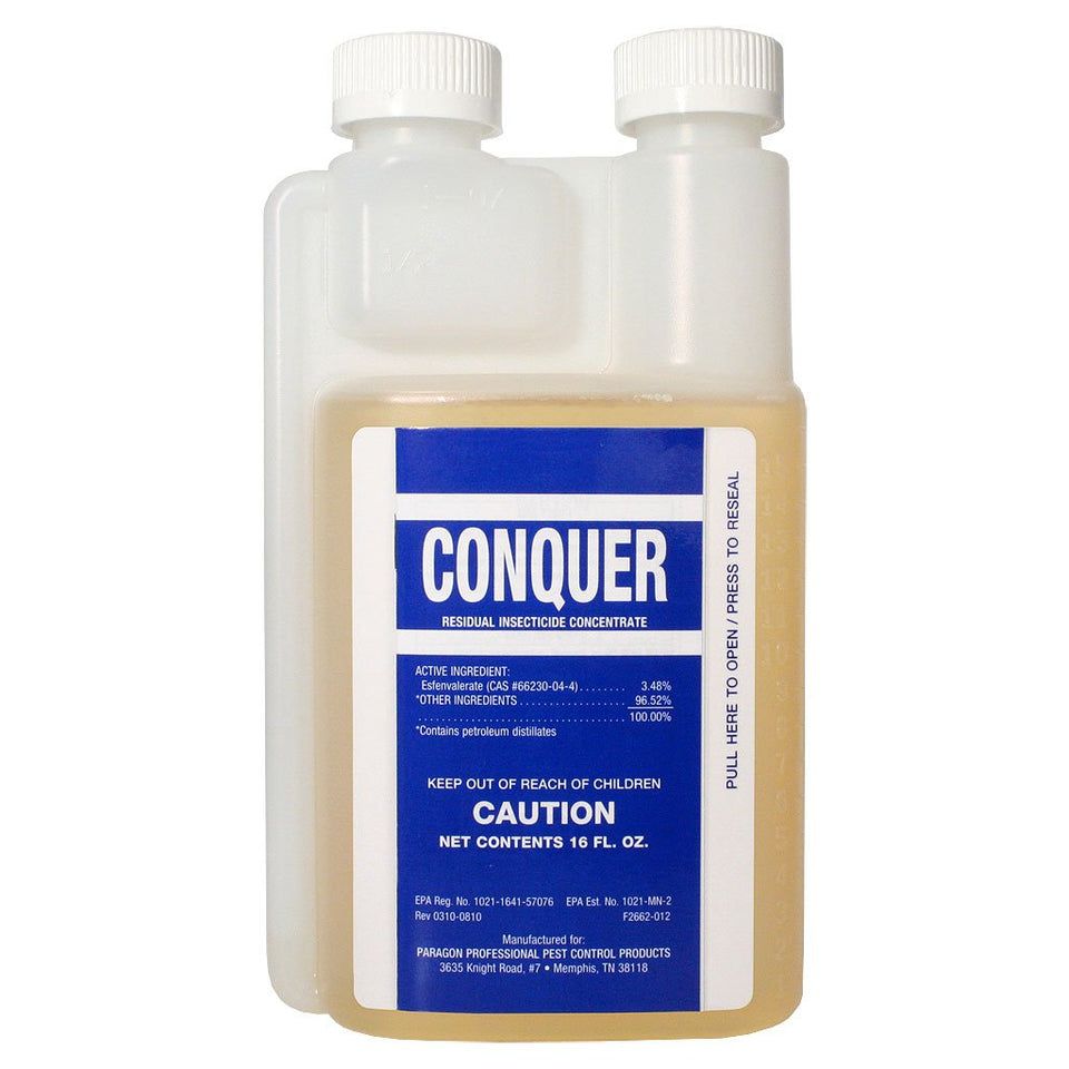 Conquer Paragon residual insecticide concentrate bottle provides long-lasting protection indoors and outdoors.