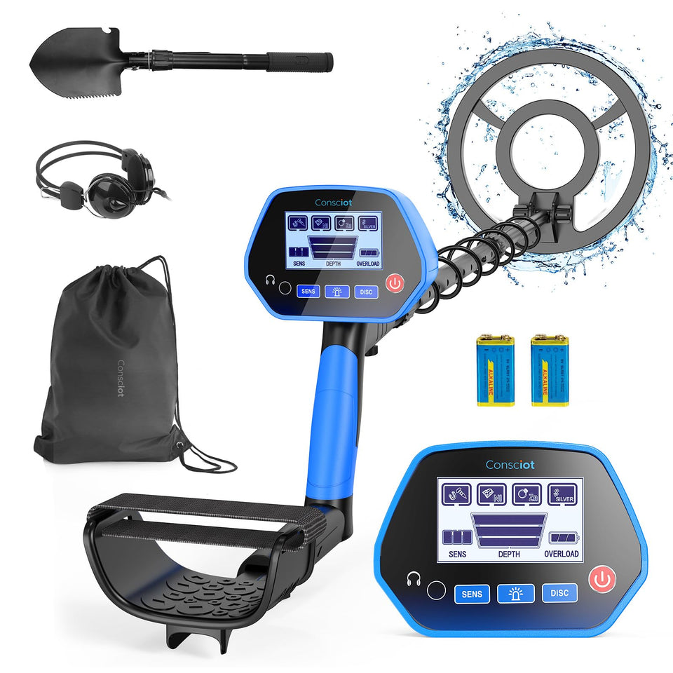 Consciot metal detector kit with 8-inch coil scanning a sandy beach for coins