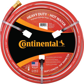 Continental Premium Garden Red hose with 50ft length and brass fittings visible for durability.