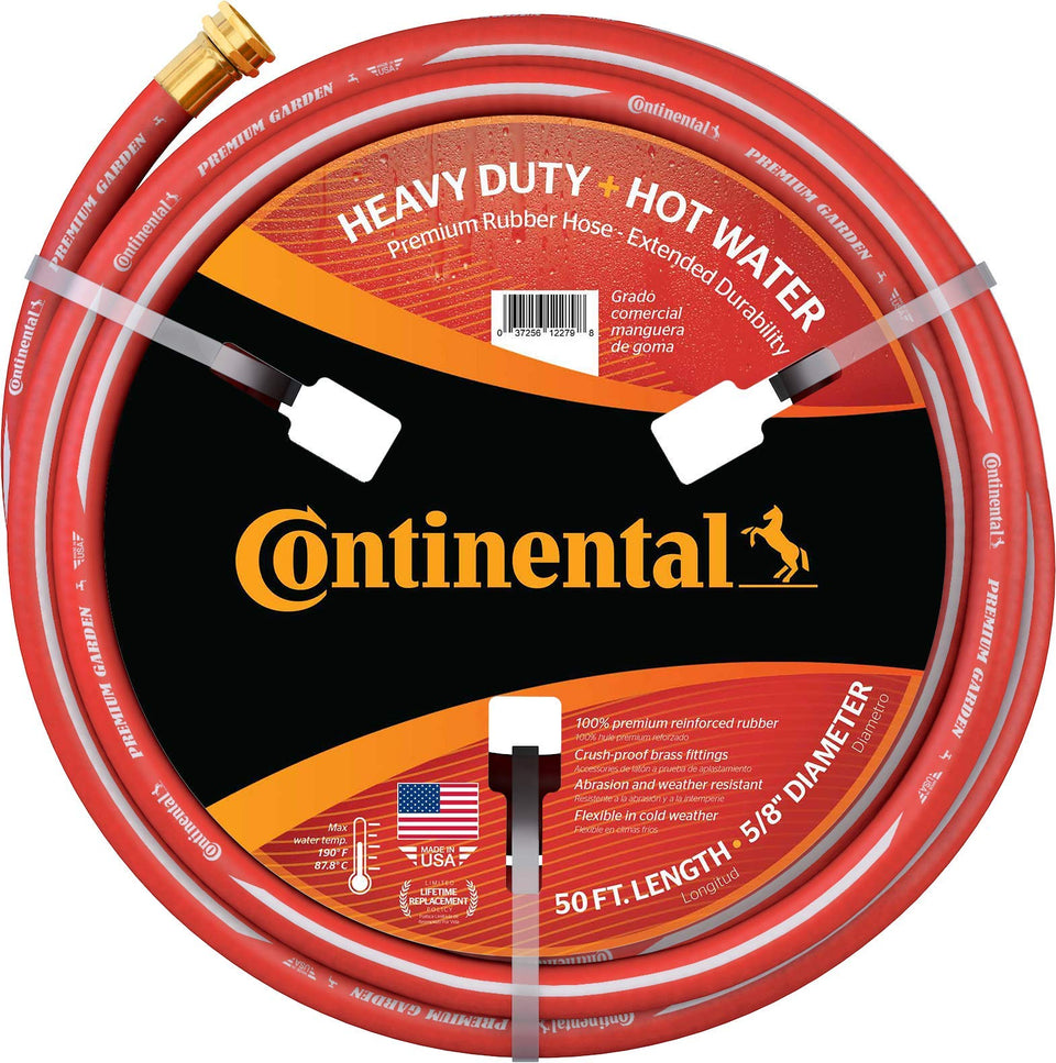 Continental Premium Garden Red hose with 50ft length and brass fittings visible for durability.