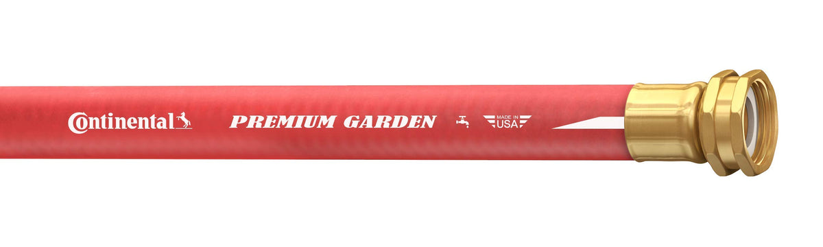 Continental Premium Garden Red hose close-up highlighting brass fittings and rugged rubber.