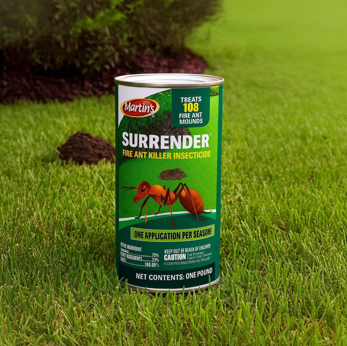 Surrender Fire Ant Killer 1lb packaging ready for outdoor yard treatment