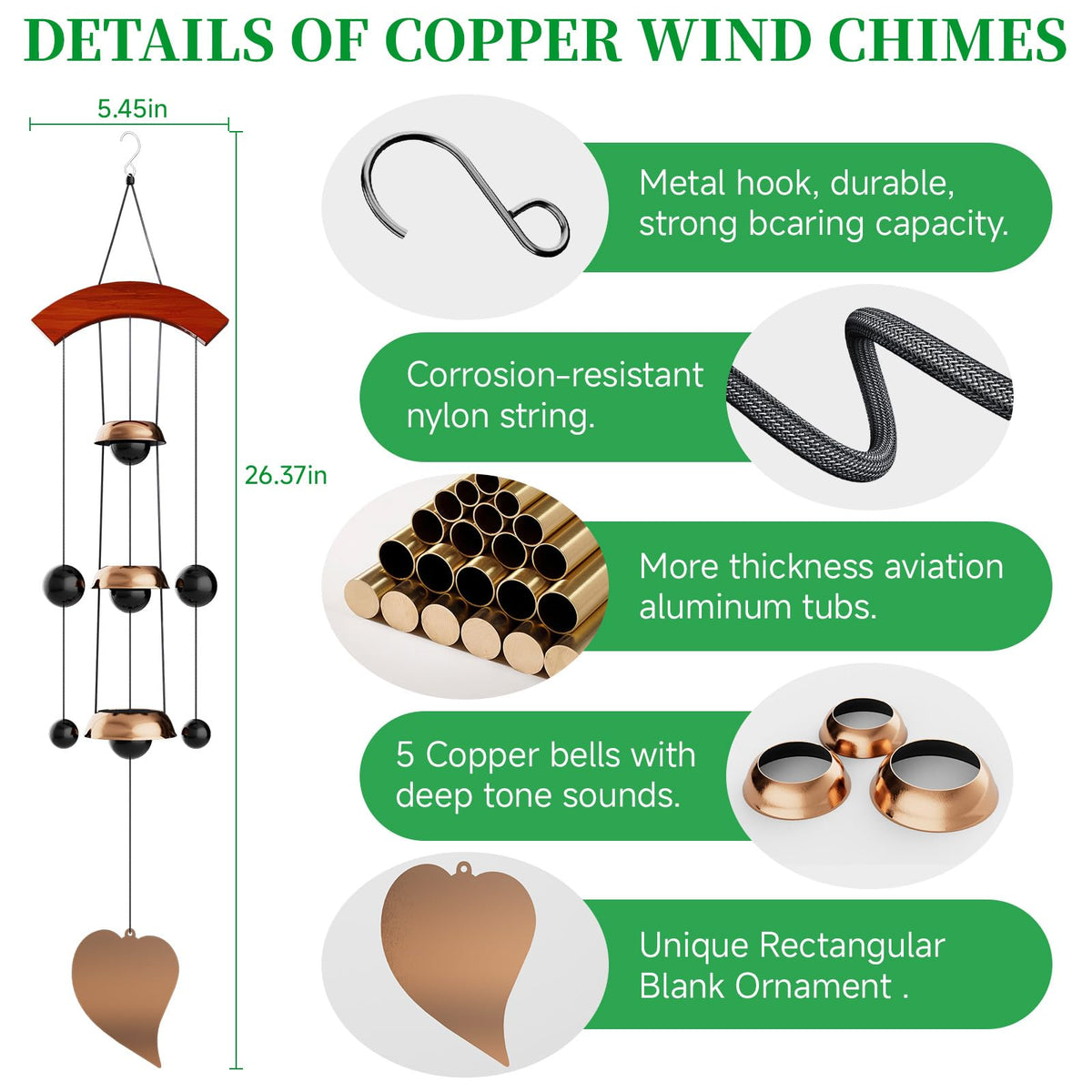 Coobest red copper wind chime enhances garden decor with tranquil temple-tone resonances.