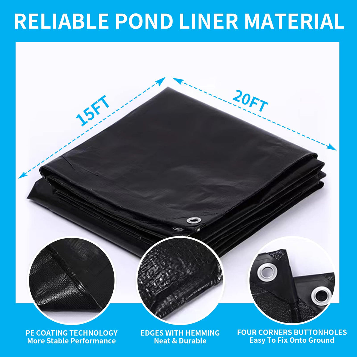 Coocure pond liner with hemmed edges and buttonholes for secure anchoring.
