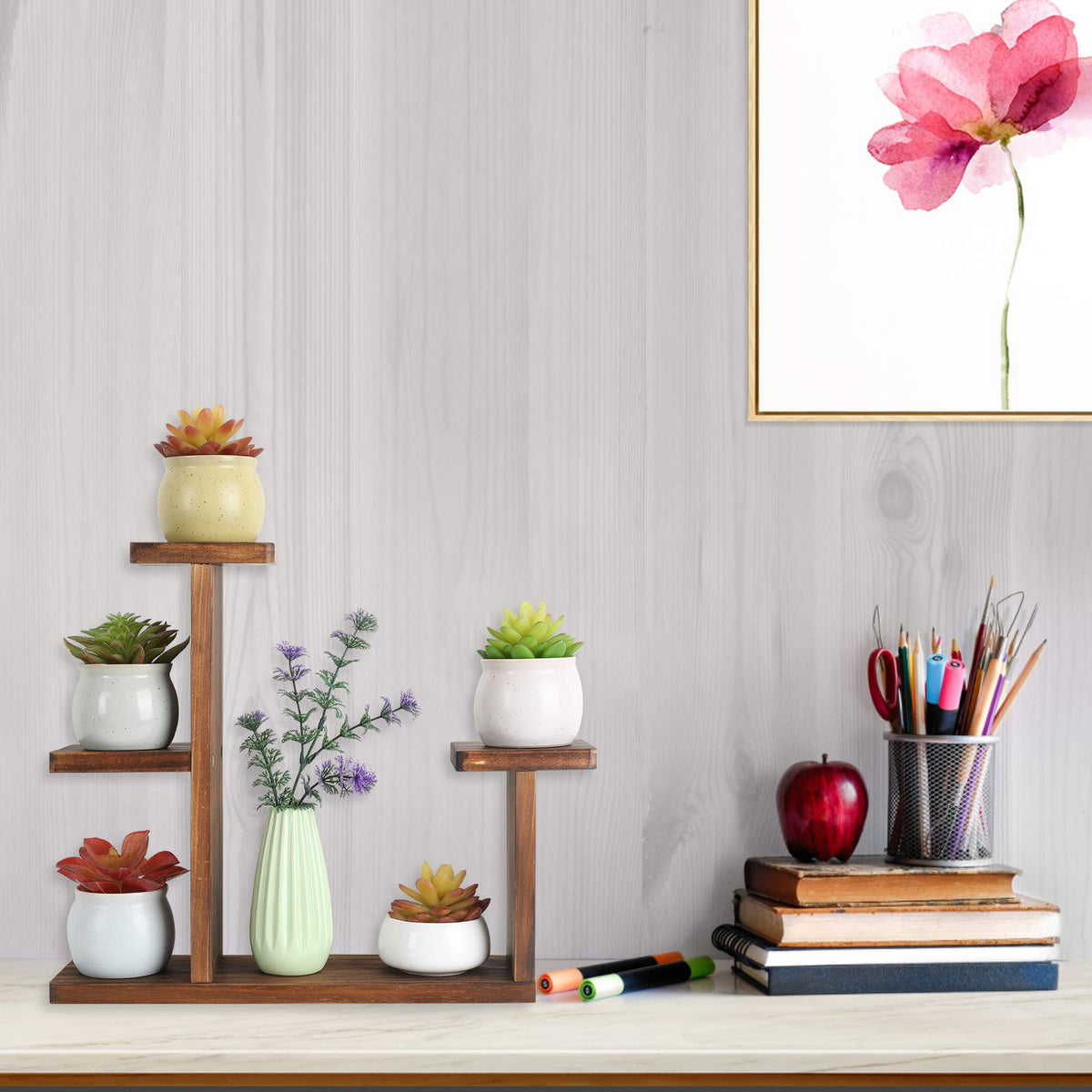 COOGOU wood desktop plant stand side view shows sturdy frame and compact footprint.