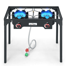 COOKAMP high-pressure double-burner stove front view showing portable outdoor setup.